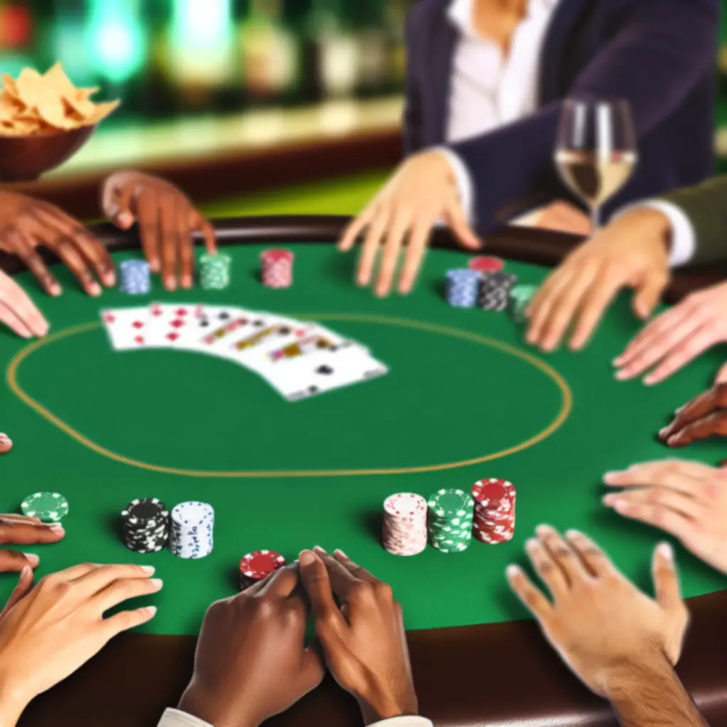 Close-up van een professioneel uitgeruste pokertafel met kaarten en chips