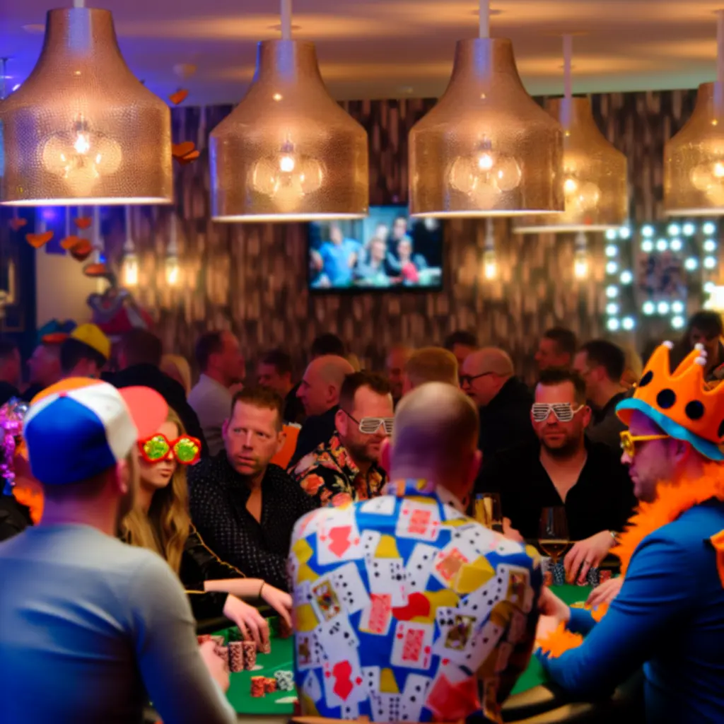 Thema pokeravond met sfeervolle verlichting en spelers aan de tafel